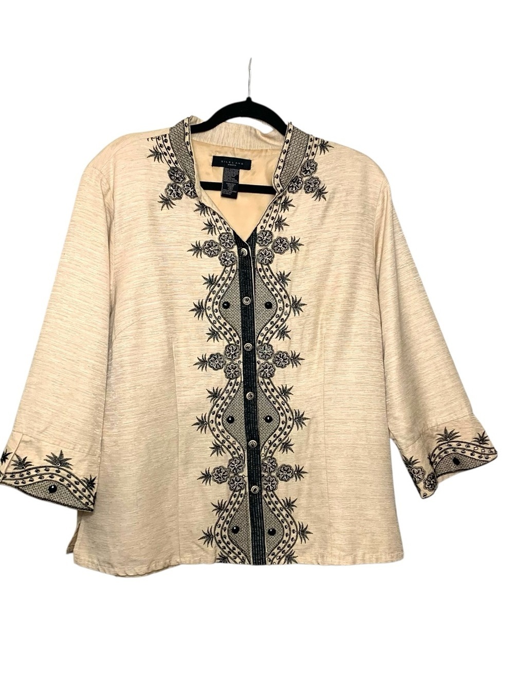Vintage SilkLand Beige 100% Silk Blazer Button-Front Shirt Black Embroidery 1X